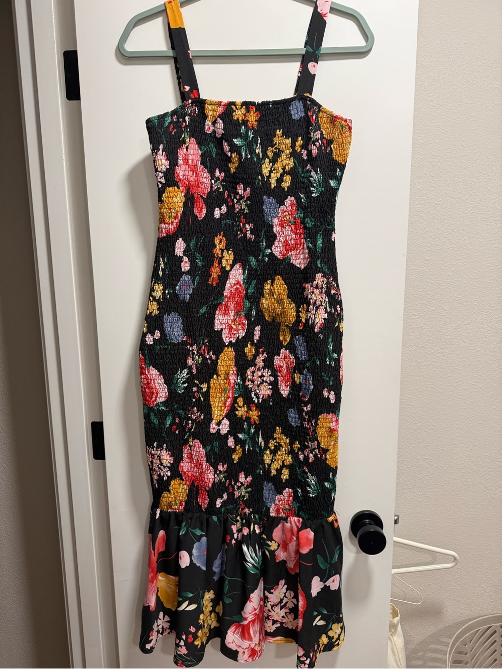 Pretty Garden Floral Smocked Midi Dress with Ruffle Hem - Black/Multi
